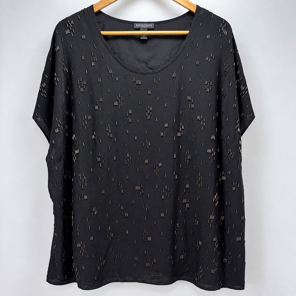 Eileen Fisher Woman Black Beaded Silk Tunic Top 1X Plus Size
